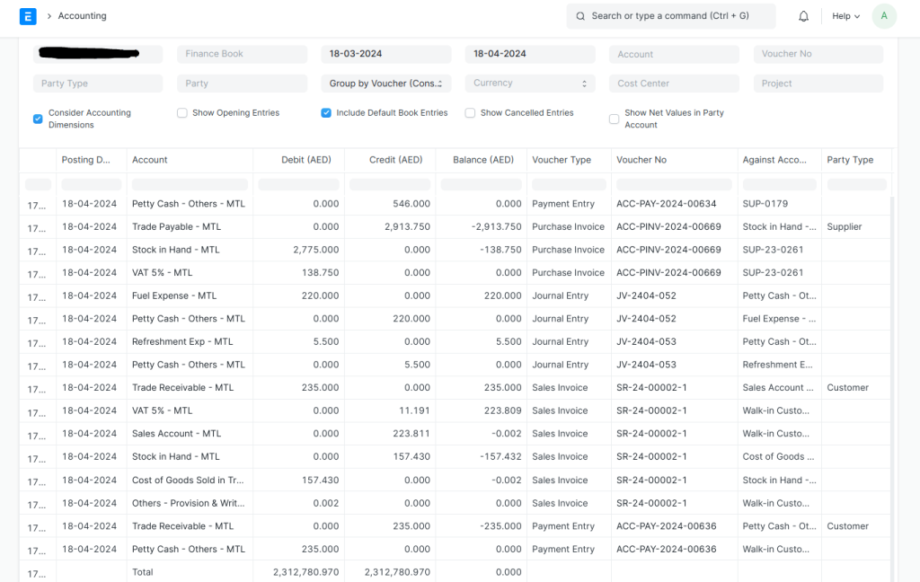 General Ledger Report in ERPnext